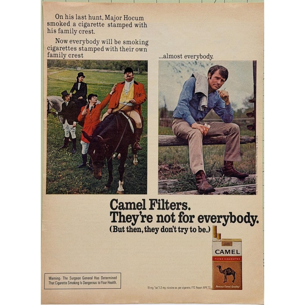 Camel Filters Cigarette Fox‎ Hunt Major Hocum Vintage Tobacco Print Ad 1972